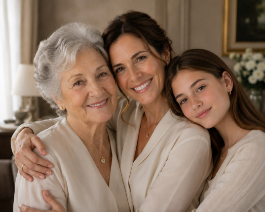 Madre, hija y nieta compartiendo joyas familiares